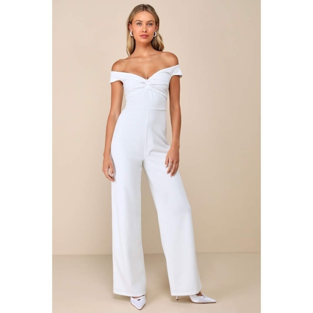 Lulus Stunning Existence White Off-the-shoulder Knot-front Jumpsuit - Size M